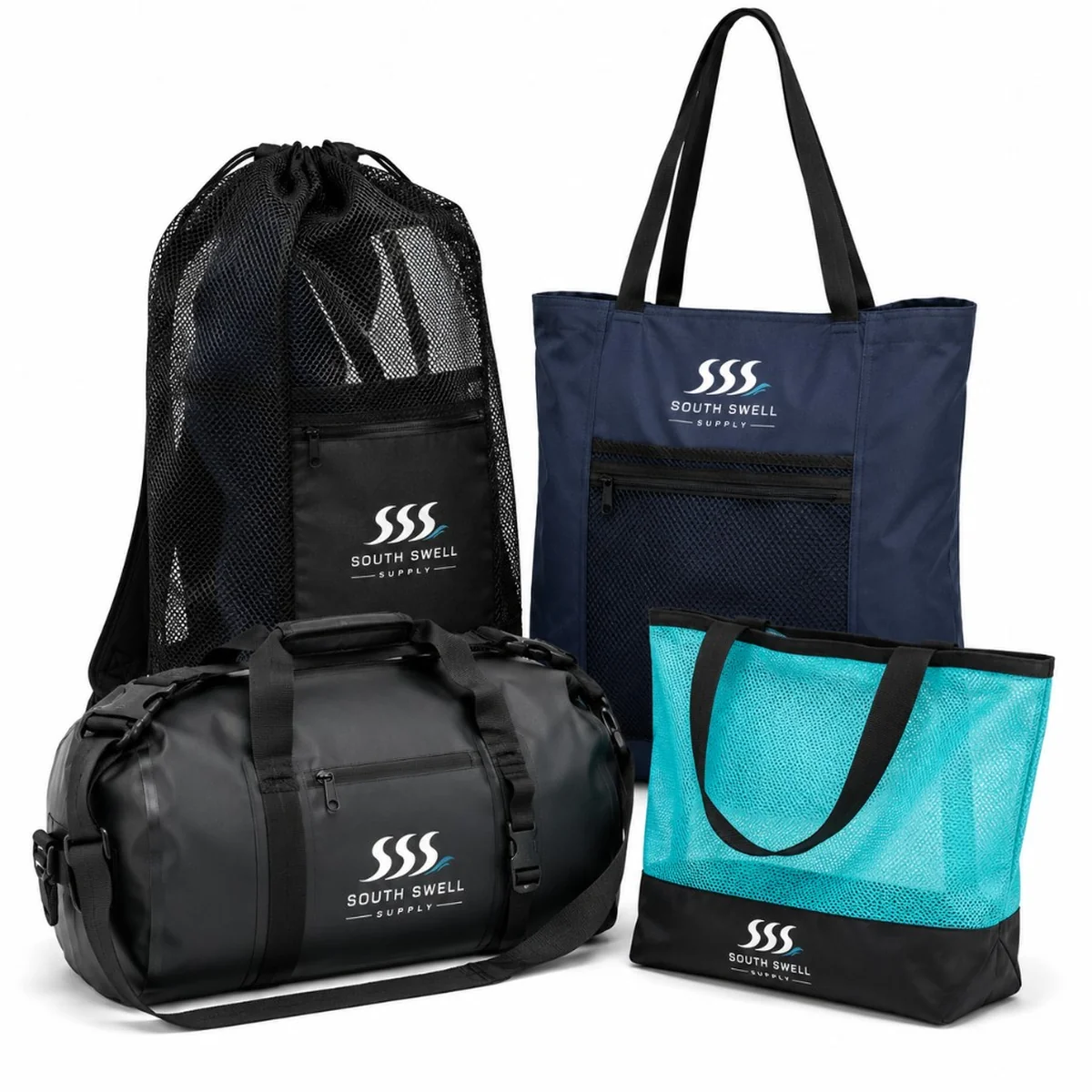South Swell Supply mesh and beach bags — black mesh backpack, waterproof duffel, navy tote and turquoise mesh carry bag for NZ and AU surf shops and holiday parks.