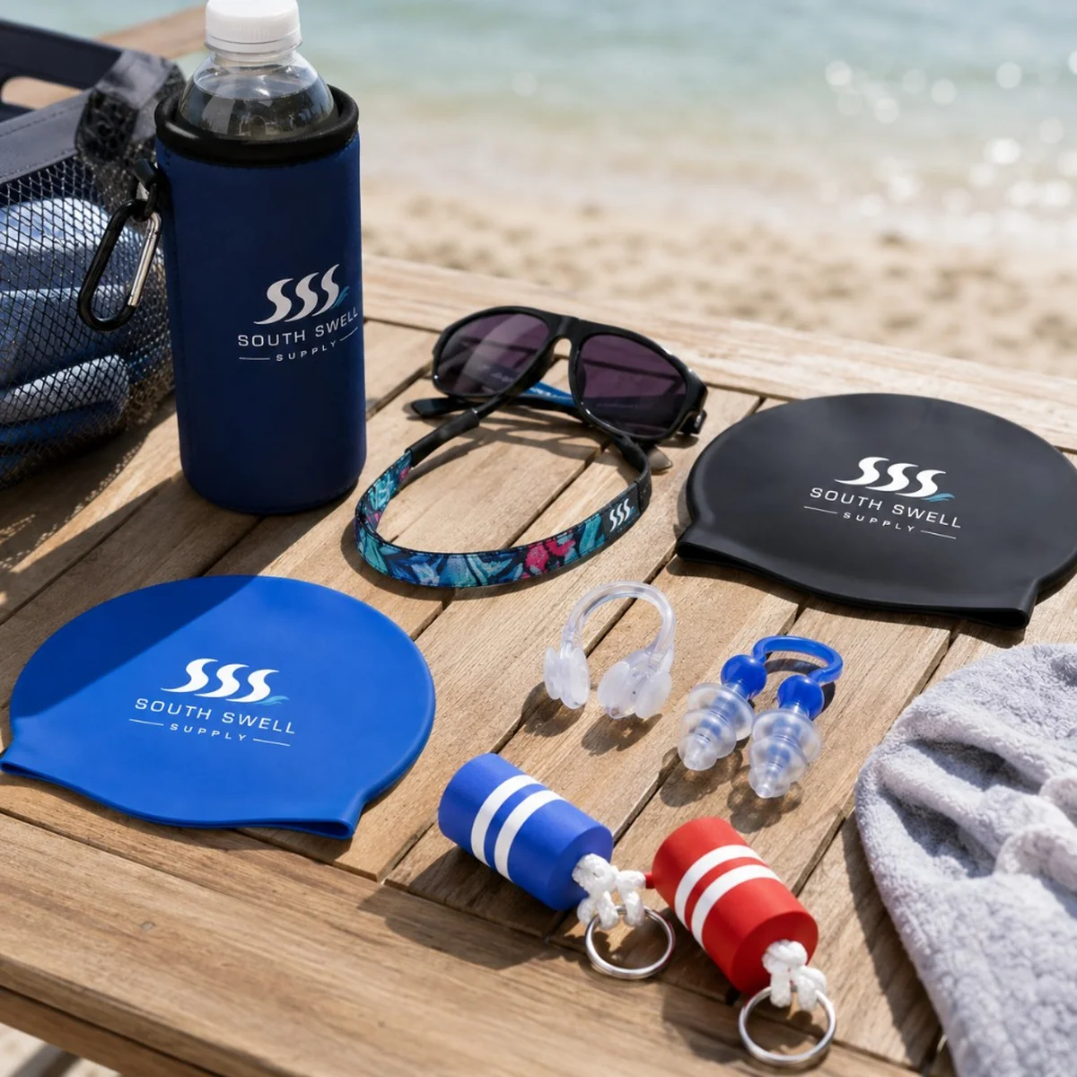 Branded South Swell Supply small goods on a beachside table — swim caps, bottle sleeve, sunglasses strap and floating keychains for surf shops and holiday parks in New Zealand and Australia.