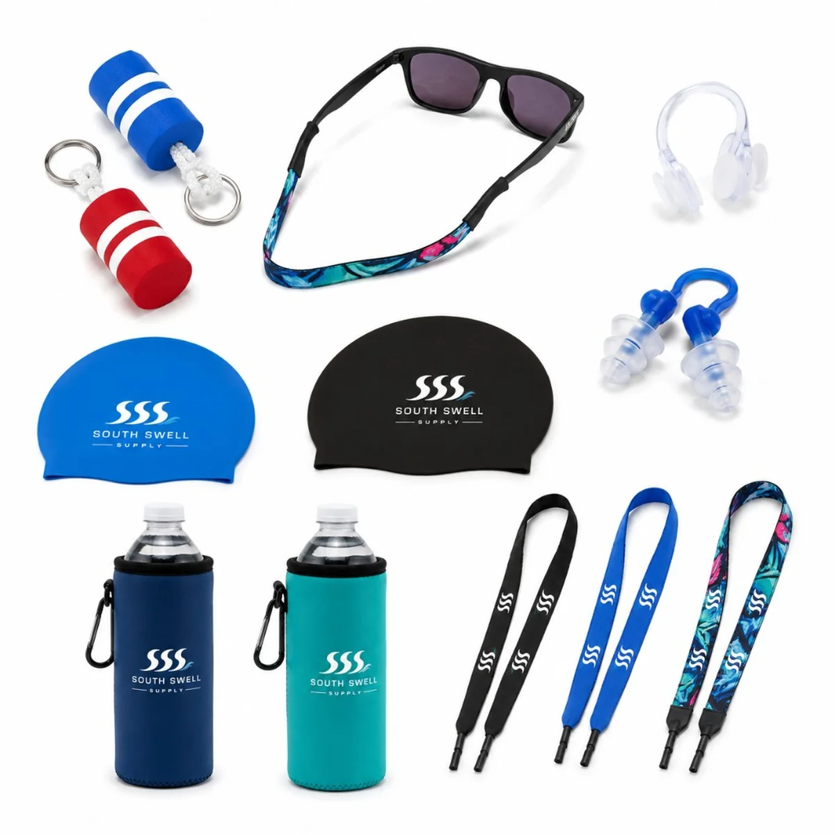 South Swell Supply watersports small goods — silicone swim caps, bottle sleeves, floating keychains, sunglass straps, ear plugs and nose clips for NZ and AU retailers.