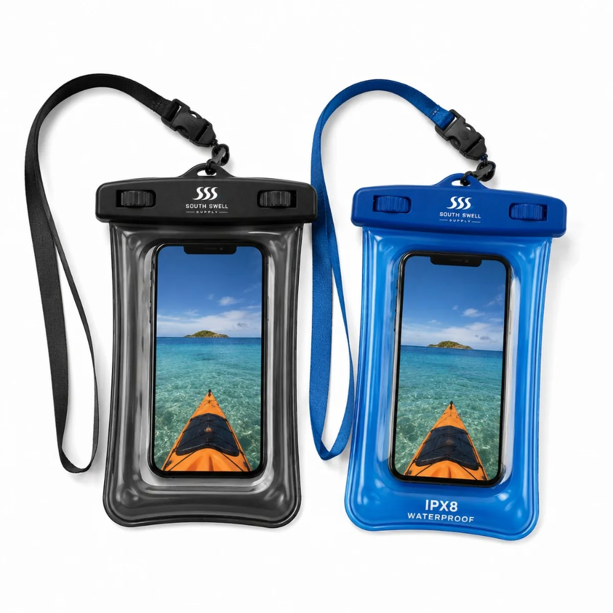 South Swell Supply IPX8 waterproof phone pouches in black and blue with neck lanyards and touch-screen window — branded beach accessories for NZ and AU retailers.