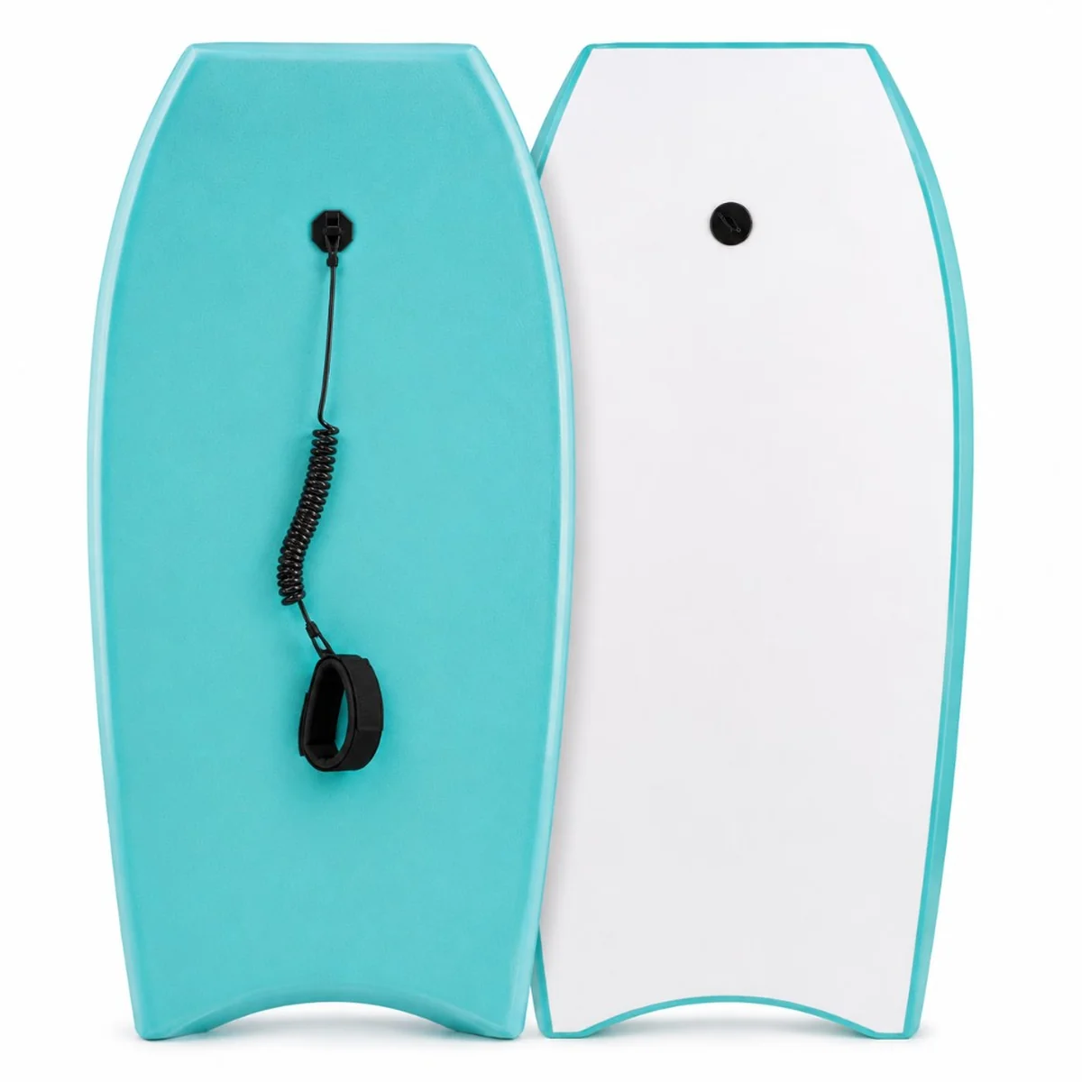 Turquoise bodyboard deck and white HDPE slick bottom with coiled leash — EPS and PE core bodyboard construction for surf schools and retailers.