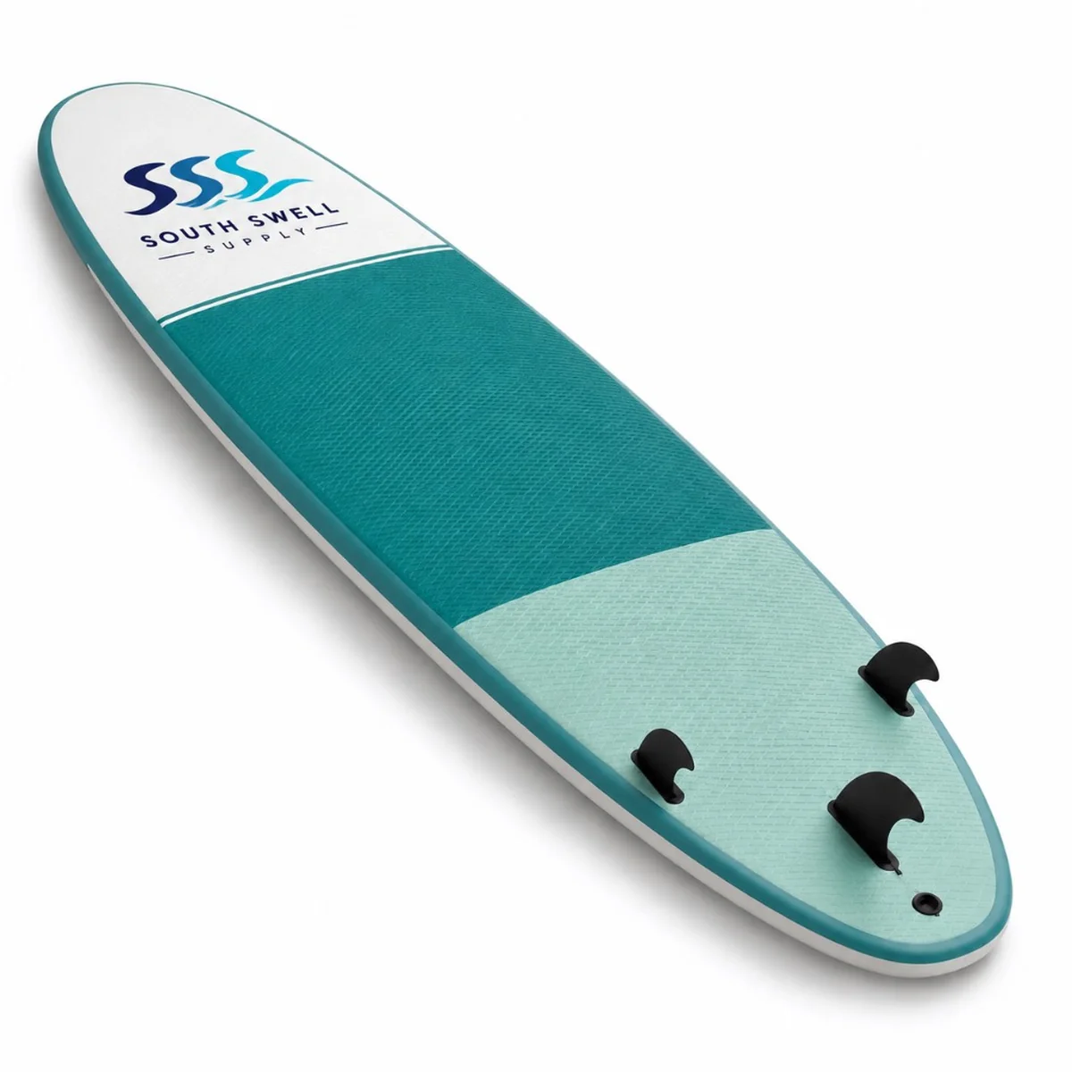 Custom branded soft-top longboard surfboard with teal foam deck, thruster fin setup and South Swell Supply logo — OEM boards for NZ and AU surf schools and retailers.
