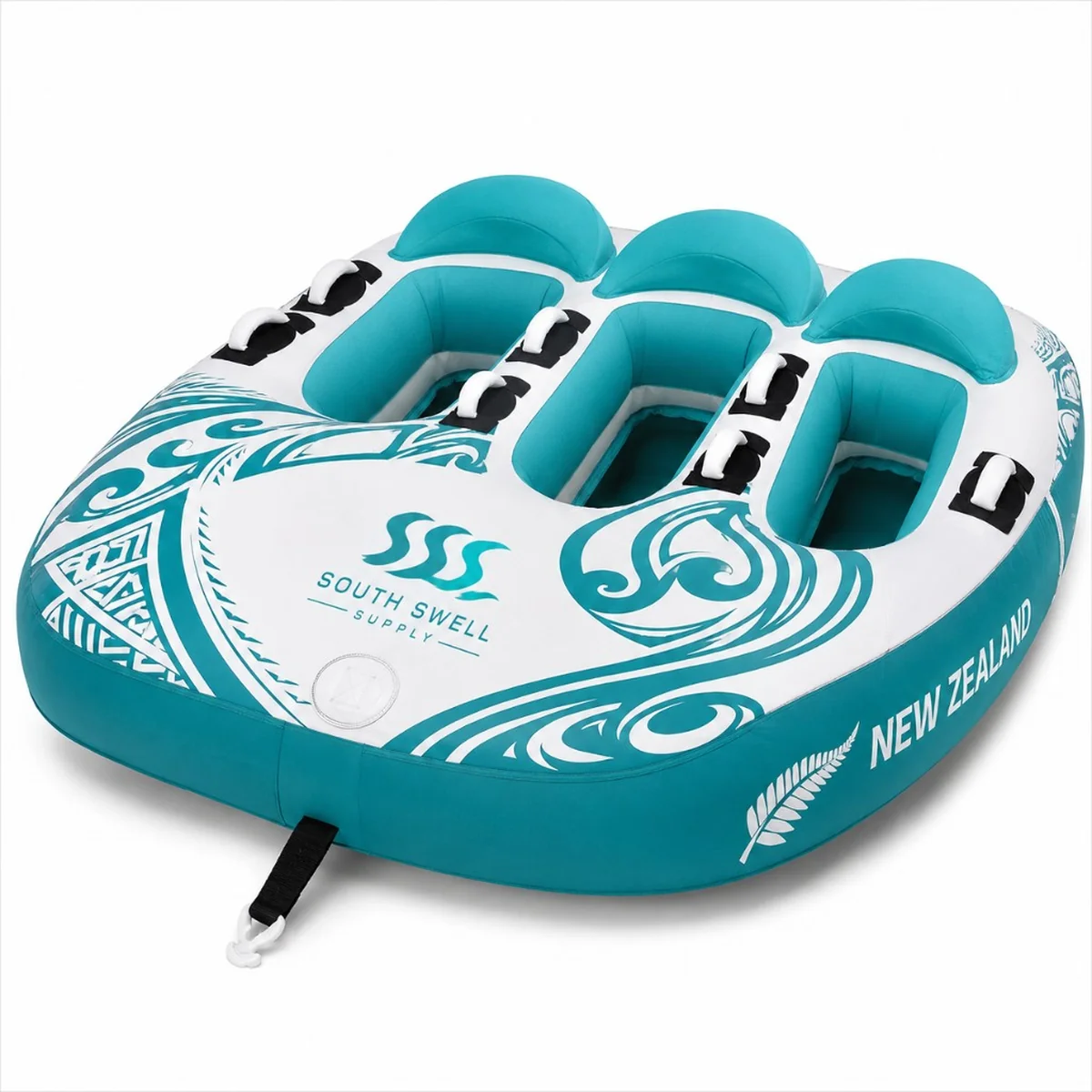South Swell Supply 3-person inflatable towable tube in teal and white with Māori-inspired graphics and New Zealand branding — OEM towables for NZ and AU rental operators and retailers.