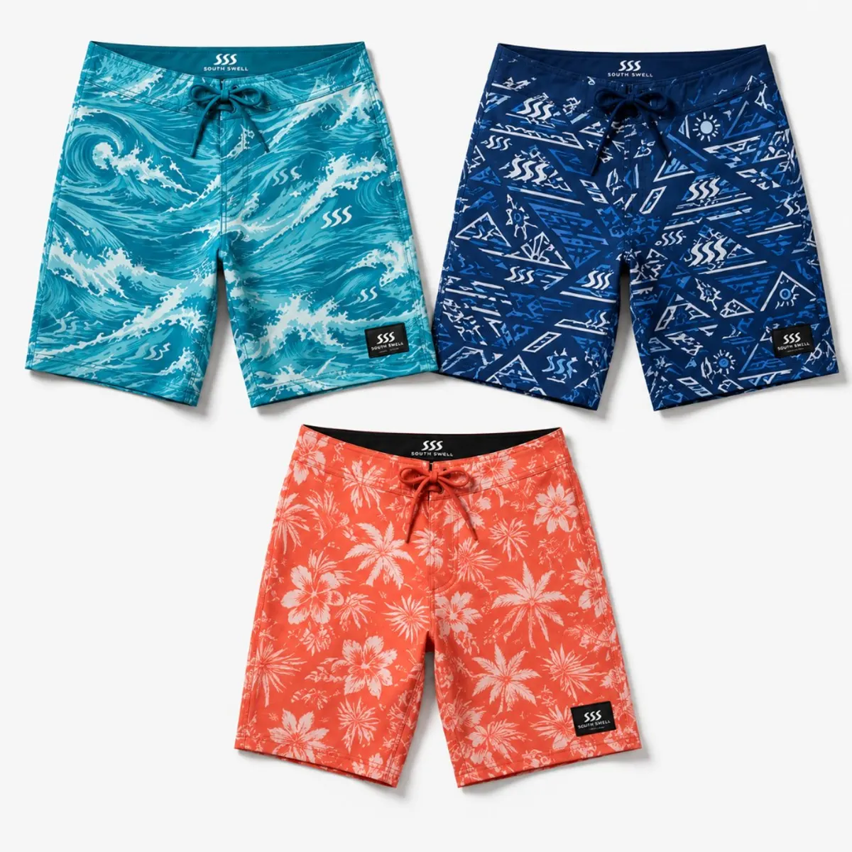 Three custom board shorts in wave, geometric and tropical prints — 4-way stretch swim shorts for surf brands, retailers and resort programmes.