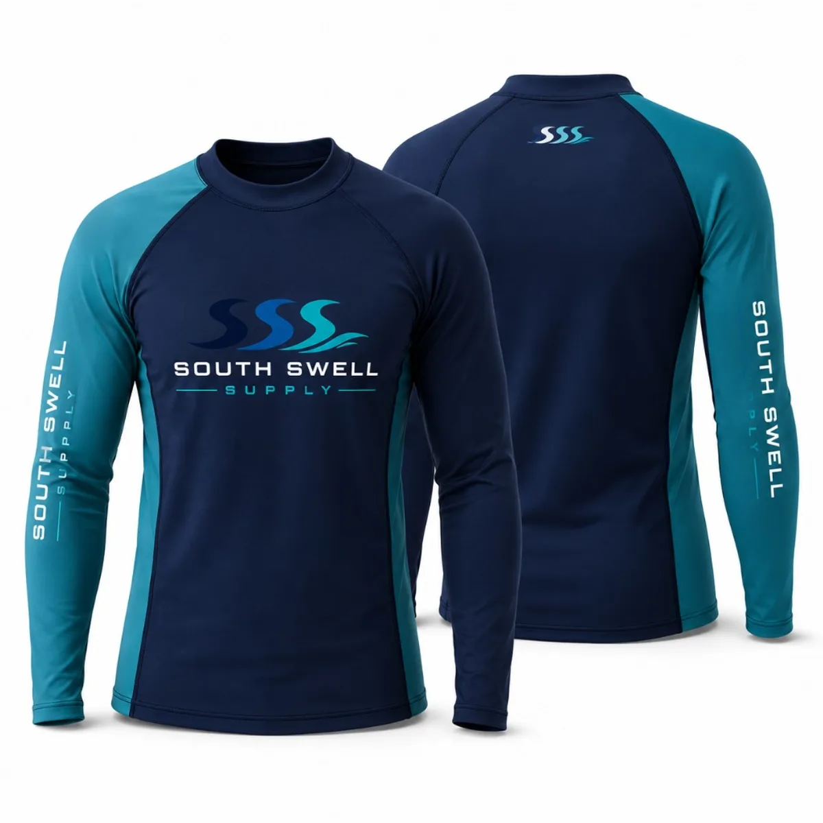 Front and back views of a custom long-sleeve rash guard in navy and teal with club branding — UPF sun protection for swim schools, surf brands and retailers.