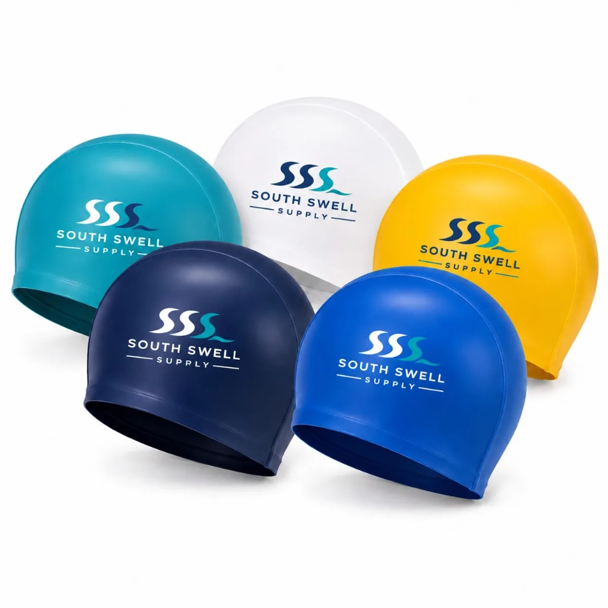 Custom-branded silicone swim caps with South Swell Supply logo in multiple club colours — printed caps for schools and squad programmes.