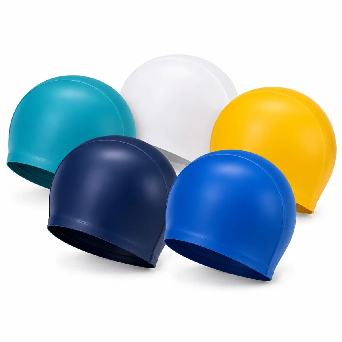 Five silicone swim caps in teal, white, yellow, navy and royal blue — custom colour and logo options for swim schools, clubs and events.