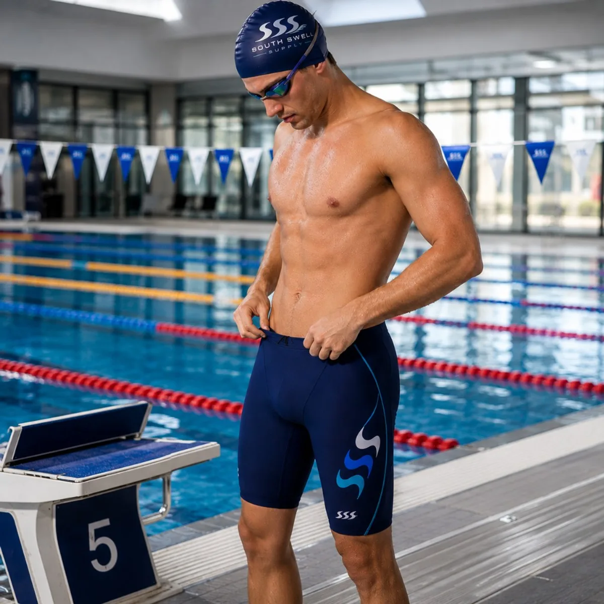 Competitive swimmer wearing custom navy racing jammers and cap at an indoor pool — squad and club racing programme.