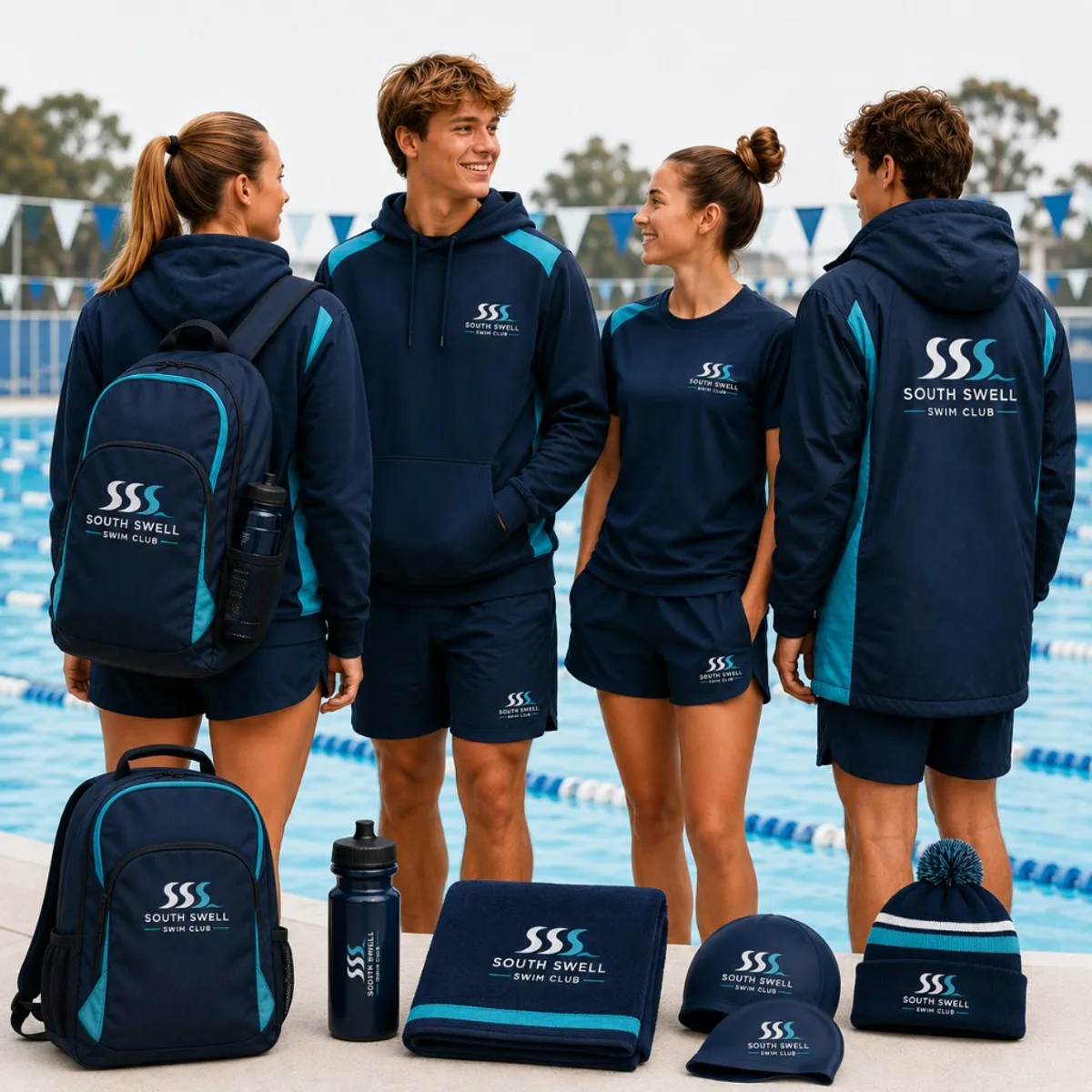 Swim squad wearing custom navy and teal club hoodies, tees and parkas by an outdoor pool with branded backpacks and gear.