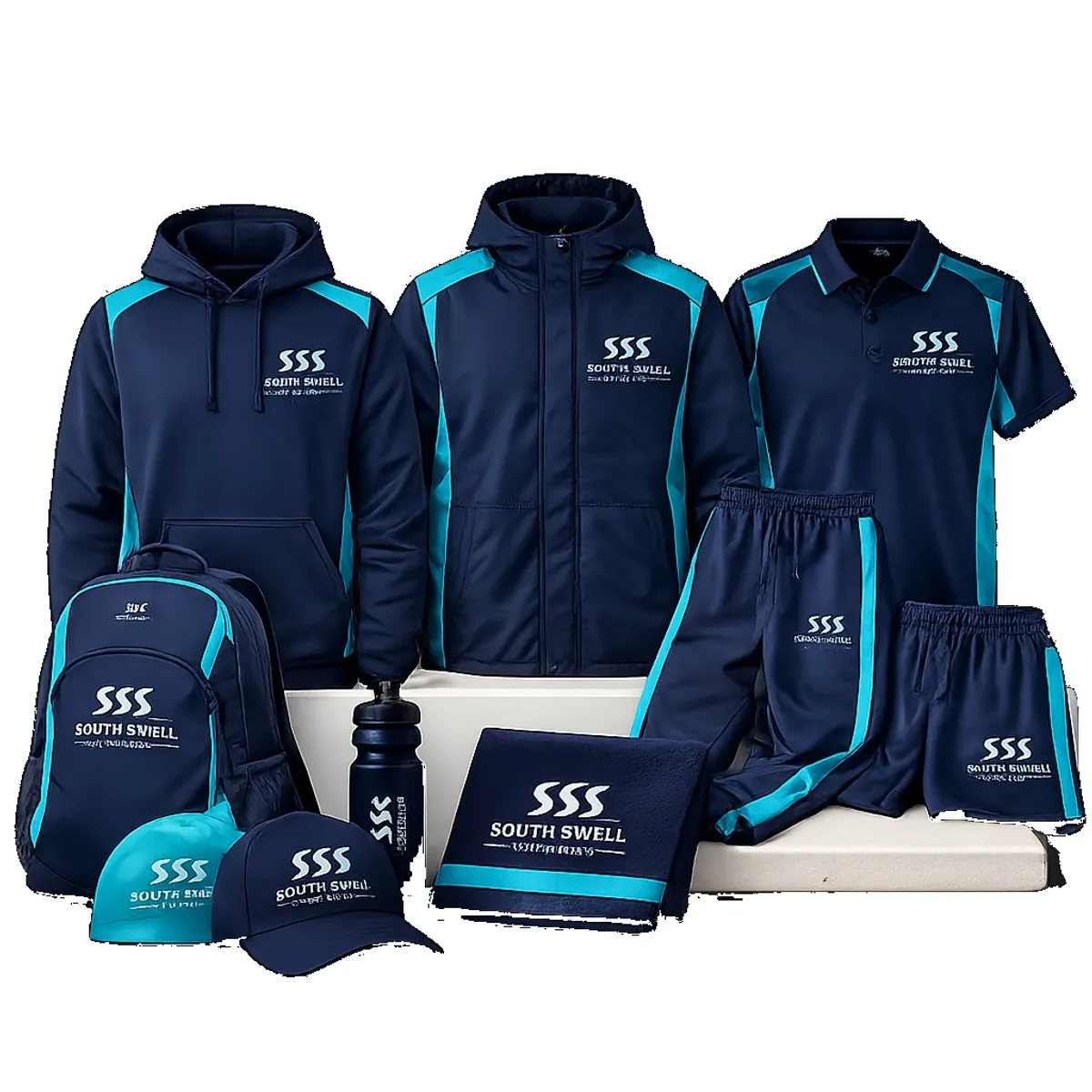 Custom swim club team apparel collection — hoodies, jackets, polos, shorts, backpack, cap and towel in navy and teal club colours.