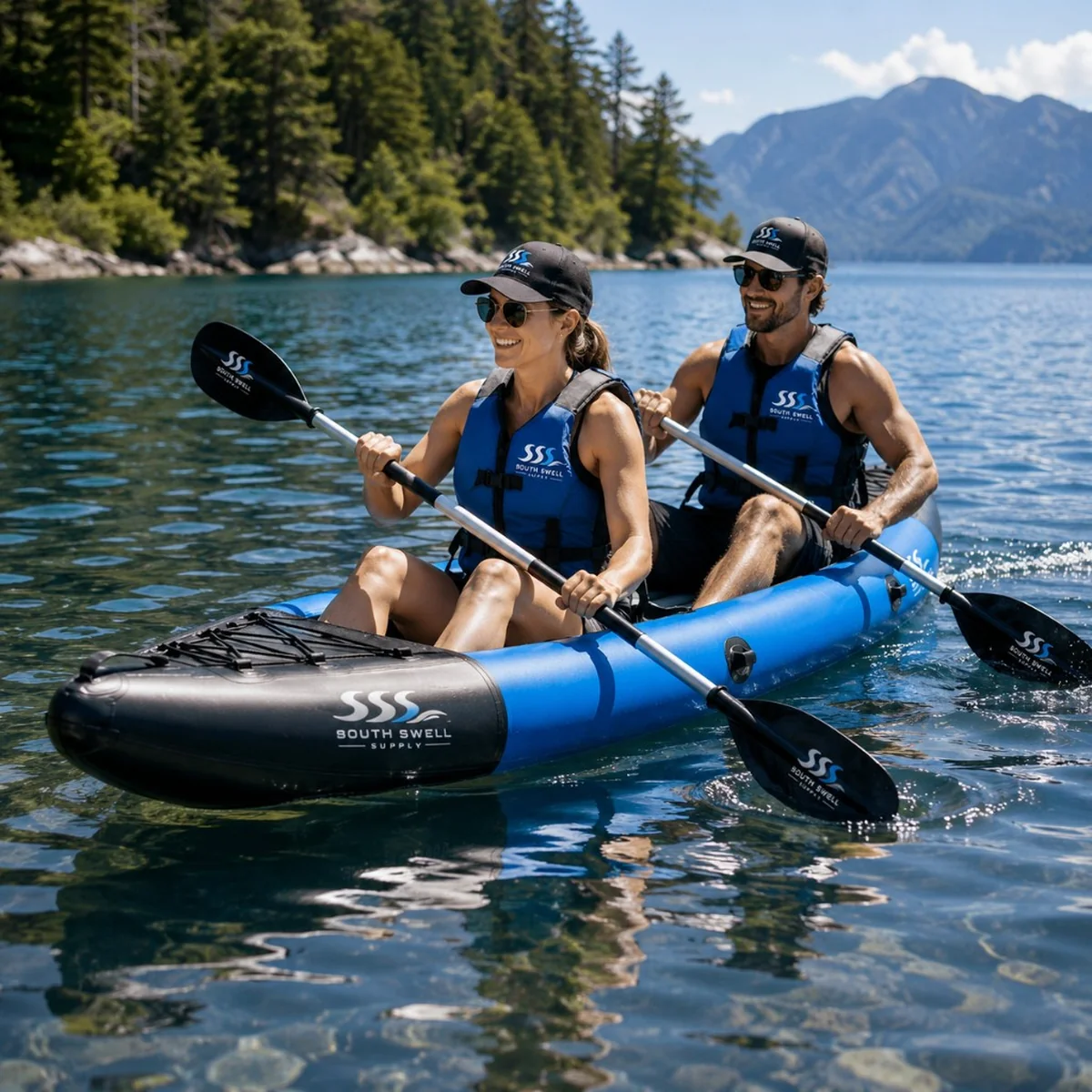 Couple paddling a South Swell Supply branded tandem inflatable kayak on a clear mountain lake — lifestyle use for holiday parks, resorts and outdoor retailers in New Zealand and Australia.