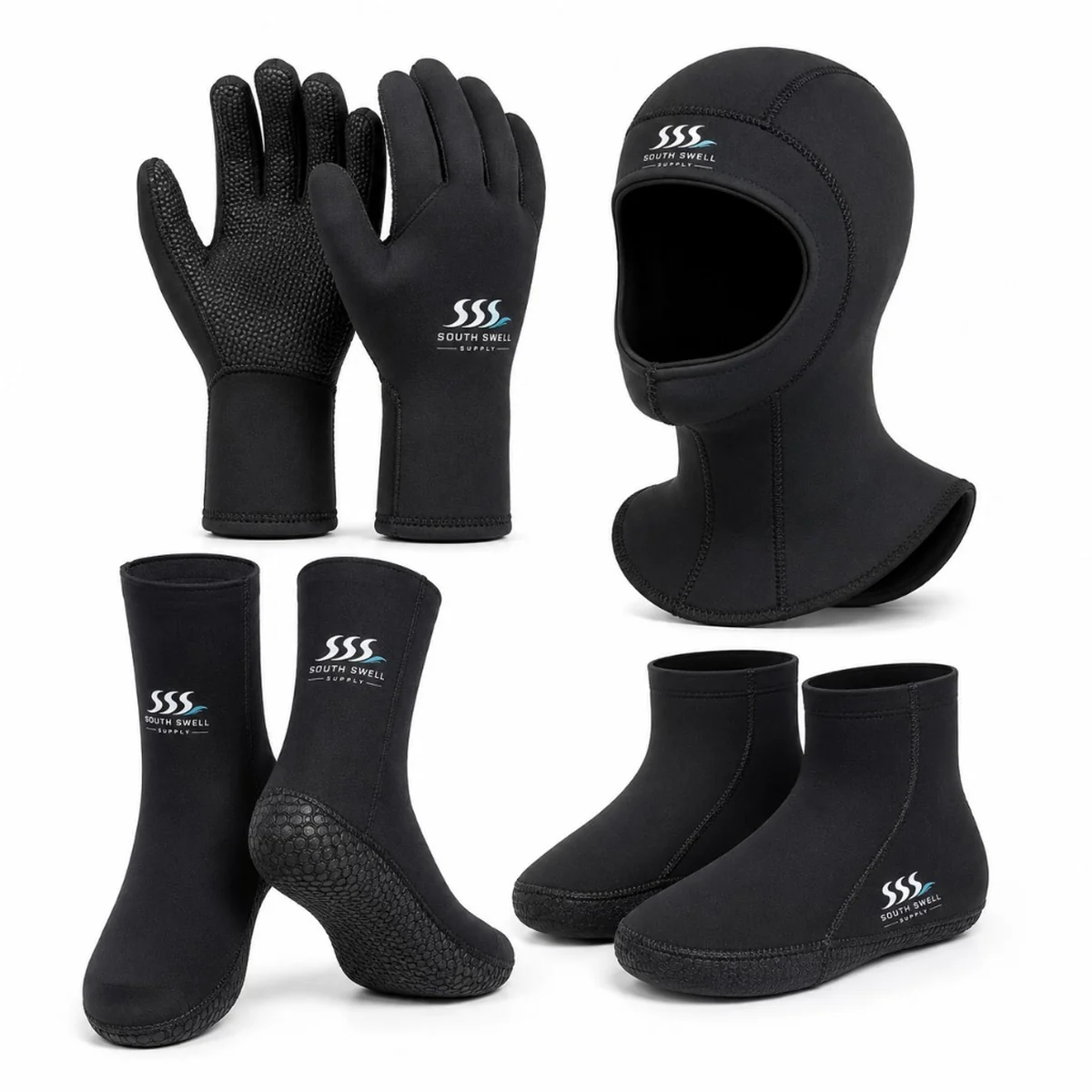 South Swell Supply 2–3mm neoprene thermal set — non-slip gloves, cold-water hood, high-cut socks and low-cut booties for NZ and AU dive shops and surf retailers.