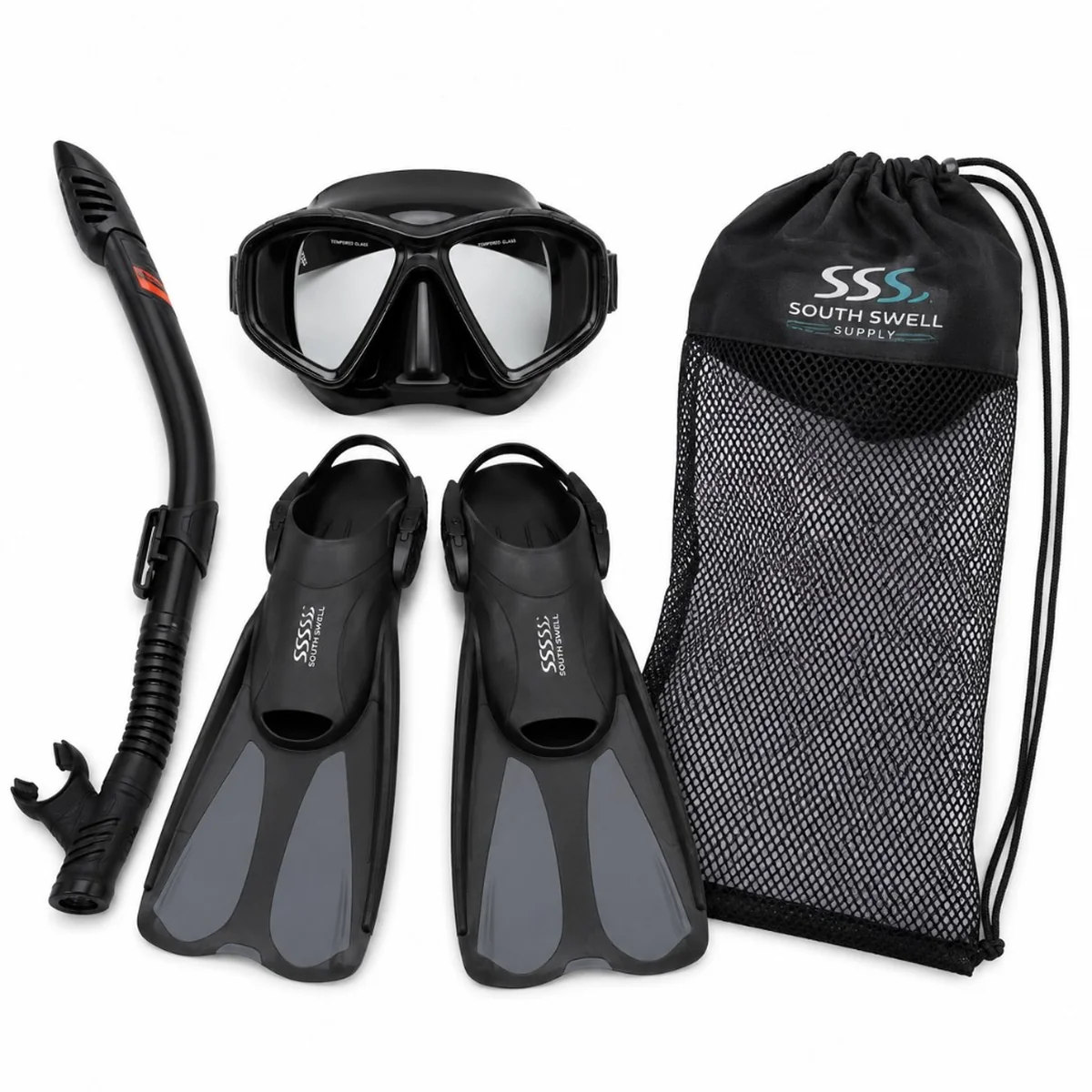 South Swell Supply snorkel set — tempered-glass mask, dry-top snorkel, open-heel fins and branded mesh carry bag for NZ and AU retailers and resorts.