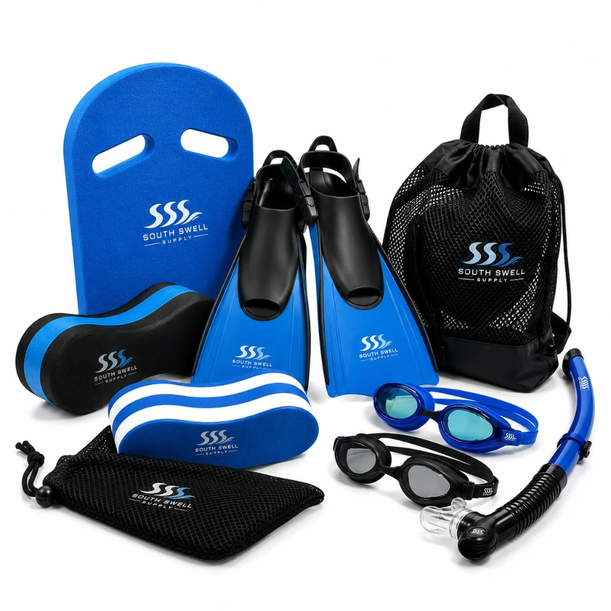 South Swell Supply branded swim accessories kit — kickboard, fins, goggles, snorkel, pull buoys and mesh bags with custom OEM logo placement.